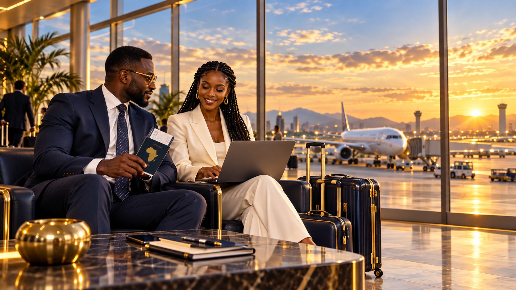Professional business travellers at an airport lounge