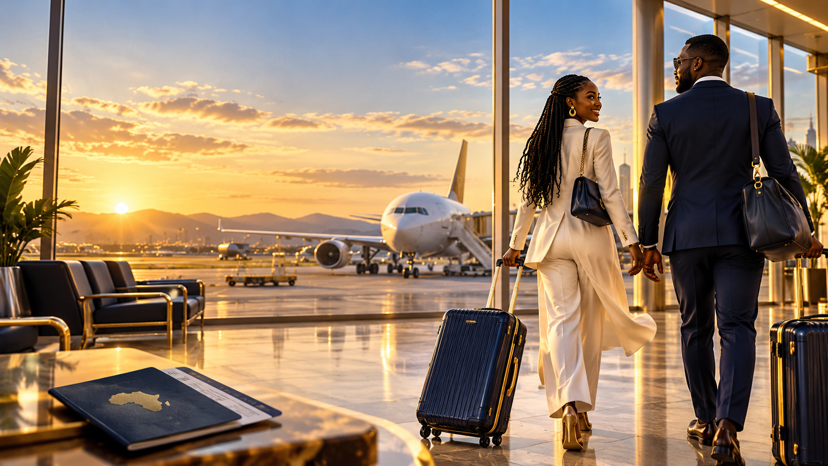 Elegant travellers walking through an airport terminal at sunset