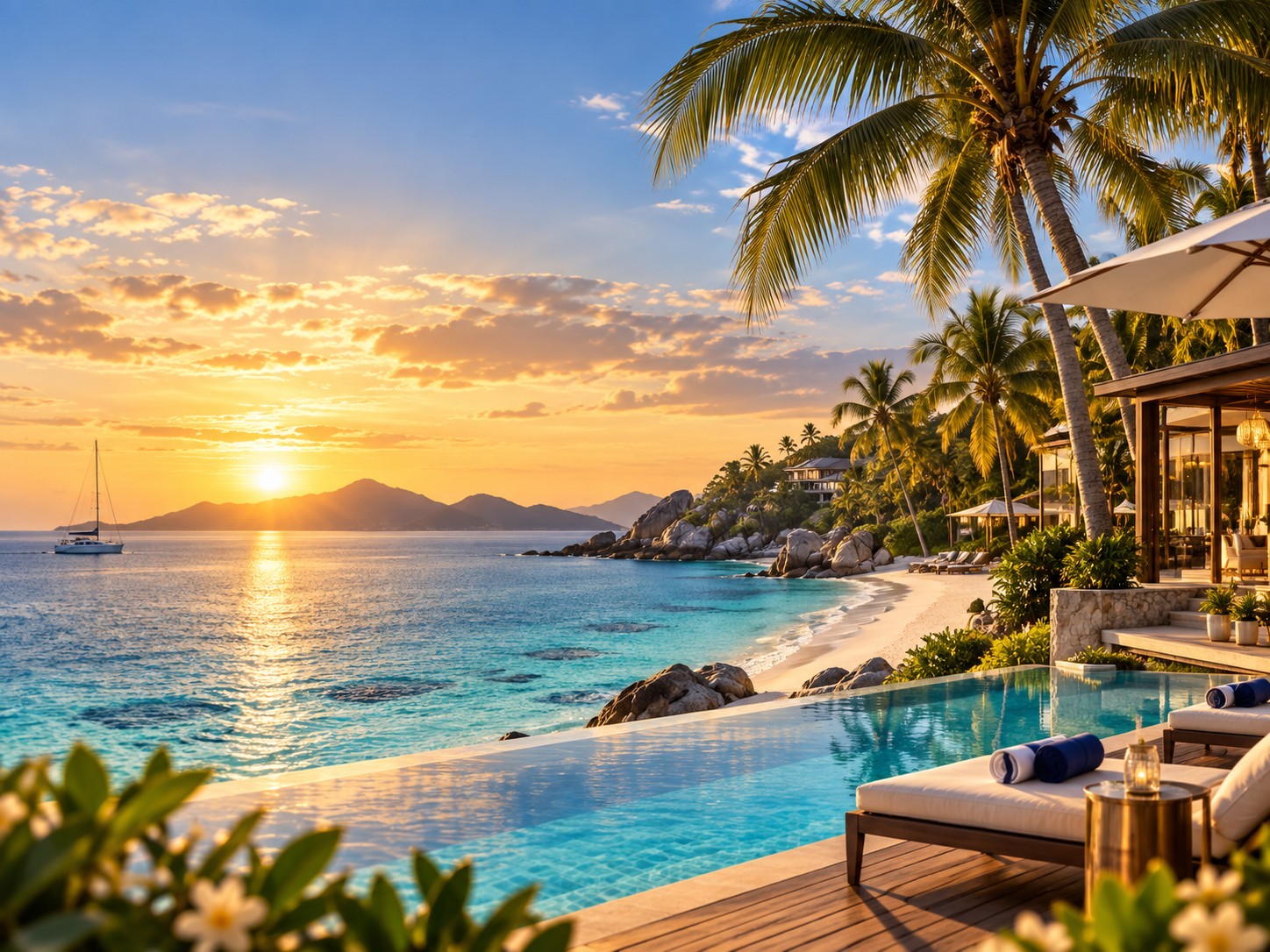 Luxury tropical resort travel destination at golden hour